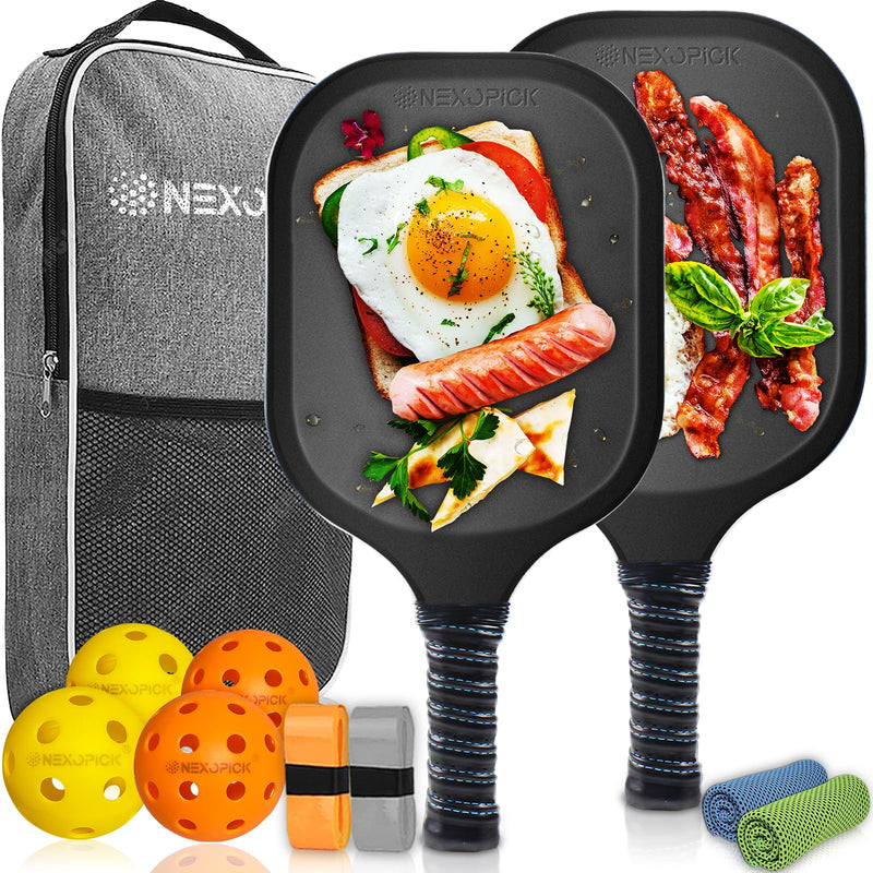 Nexopick Pickleball Paddles Set of 2 Funny Pickleball Set Fiberglass Pickleball Paddles Lightweight Pickle Ball Rackets 2 Pack 16mm Honeycomb Core 4 Indoor & Outdoor Pickleballs with Bag