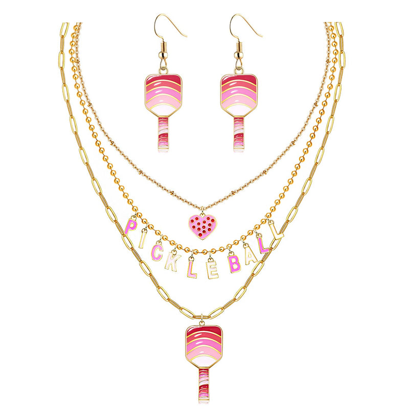 CEALXHENY Pickleball Necklace Earrings for Women Layered Pickleball Choker Necklace Pickleball Paddle Pendant Necklace Dangle Earrings Sport Game Day Accessores Gifts (Style D)