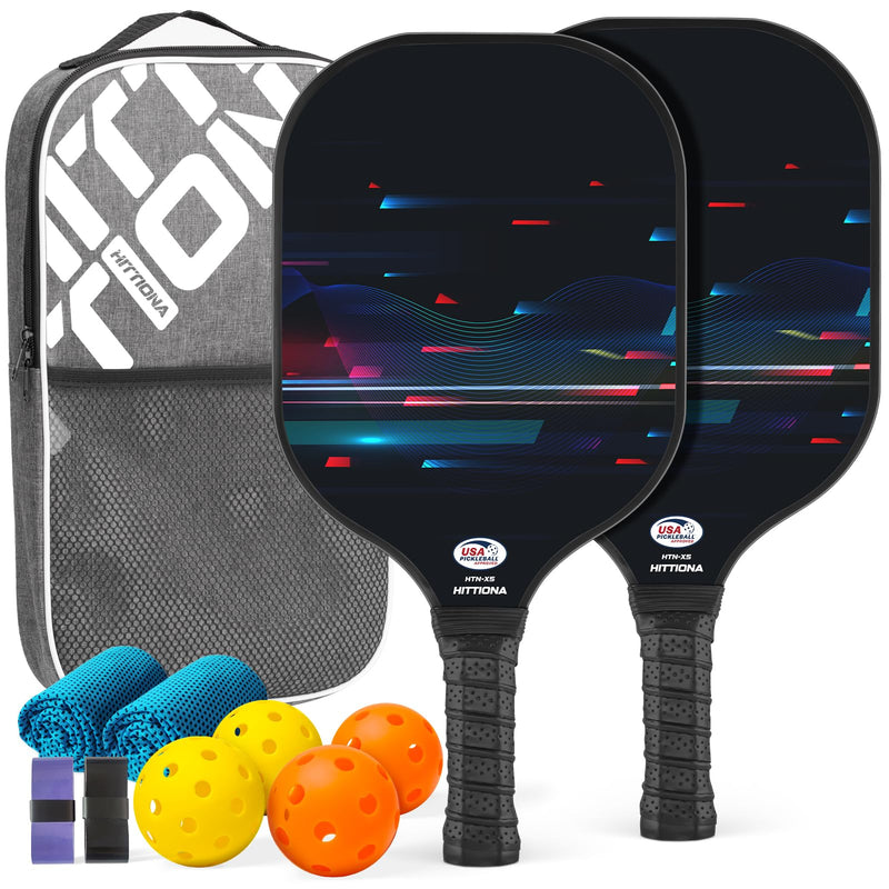 HITTIONA Pickleball Paddles - Fiberglass Pickleball Paddles Set of 2 USAPA Approved Pickle Ball Rackets 2 Pack with 4 Pickleball Balls 1 Pickleball Bag Paddles Ball Set for Beginners