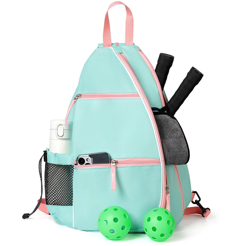 ALOOF Pickleball Bag for Women Adjustable Pickleball Racketball Sling Bag Backpack With Water Bottle Holder for Women Green & Pink