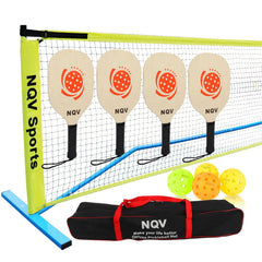 NQV Pickleball Set with Net Pickleball Set 4 Wood Pickleball Paddles+22FT Full Court Pickleball Net+4 Pickleball Balls+1 Duffle Bag+2 Chalks for Markers Outdoor Indoor Driveway Home Beginner