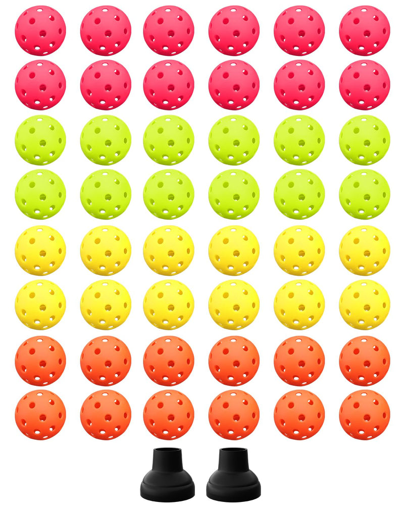 NQV 48 PCS Outdoor Pickleball Balls Green Yellow Orange Pink & 2 Pickleball Retrievers 40 Holes Pickleballs High Rebounce High Visibility Pickle Ball Bulk